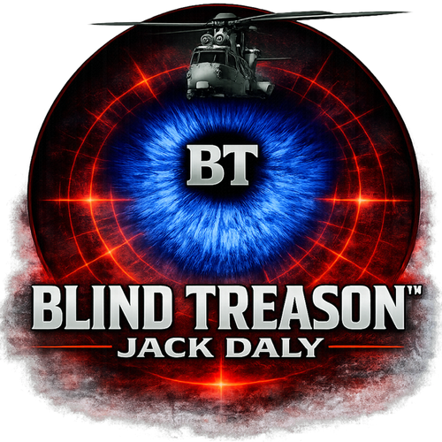 Logo for 'Blind Treason' by Jack Daly featuring a helicopter and eye design.